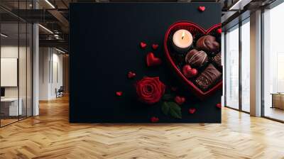 heart shaped gift box filled with delicious chocolates, surrounded by romantic red roses and decorative hearts, creates perfect Valentines Day atmosphere Wall mural