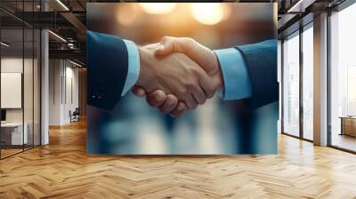 Two professionals exchange firm handshake after negotiating successful business deal, symbolizing partnership and agreement Wall mural