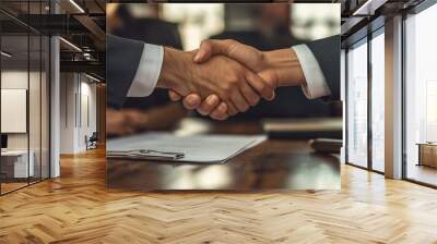 Two lawyers shaking hands after resolving a legal negotiation with documents on the table, legal settlement, successful negotiation Wall mural