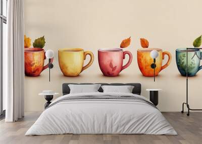 Warm drinks in vibrant autumn mugs on a solid light brown background. Wall mural