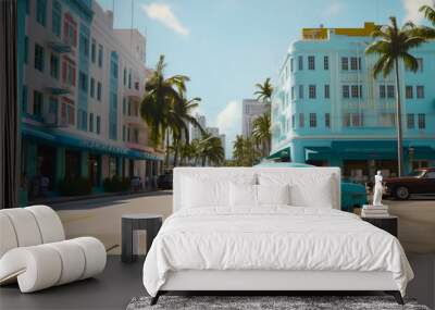 Buildings in Miami Beach, Florida, art deco area with a vintage car. Generative AI Wall mural