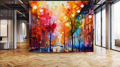 Oil painting of a city in autum, scenic landscape with a pleasant trees, fine art. Generative AI. Wall mural