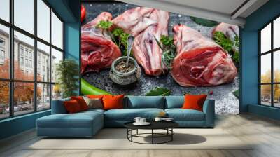 Fresh red meat, chops with spices,pepper, peperoni, herbs, rosemary, parsley on old metal tray, top view, copy space Wall mural