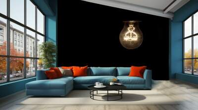 Old light bulb glowing in dark Wall mural