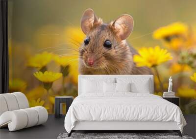 cute mouse in the meadow full of wild flowers, adorable  dynamic angle,  Wall mural