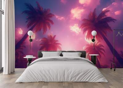 palm trees from bellow at surreal magenta, purple sunset, look to the sky Wall mural