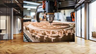 3 axis CNC milling machine is working with plywood or wood engraving a pattern by using an end mill. Generative illustration AI Wall mural