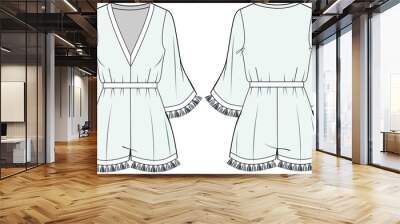 V-neck Trumpet Sleeve Playsuit With Tassel Embellishments Detail Front and Back View. fashion illustration vector, CAD, technical drawing, flat drawing. Wall mural