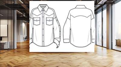 Western Yoke Long Sleeve Shirt with Pockets, Drop Shoulder Long Sleeve Snap Button Detail Shirt Front and Back View. Mens, women, Unisex Fashion Illustration, Vector, CAD, Technical Flat Drawing Wall mural