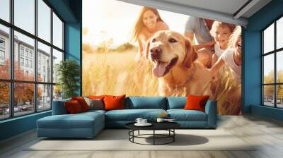  Happy family with dog in nature. Camping, travel, hiking. Wall mural