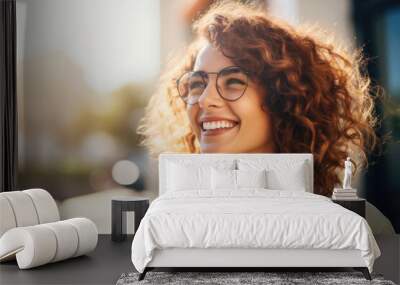  Portrait of happy young woman wearing glasses outdoors Wall mural