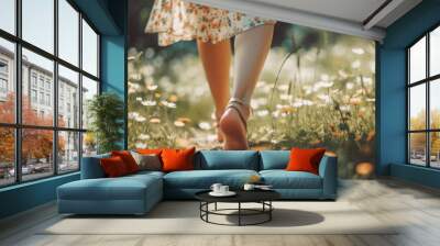  Woman walking barefoot outdoors in nature, grounding concept. Wall mural