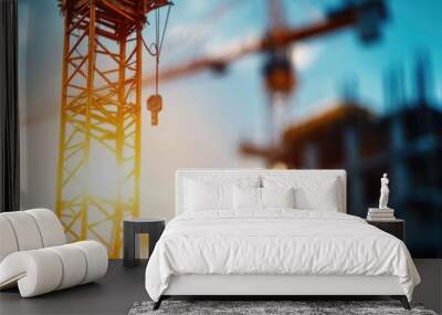 A construction site bustling with activity, cranes towering overhead, symbolizing progress and development Wall mural