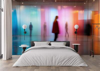 Abstract blurred modern gallery space with colorful lighting and silhouette of people Wall mural