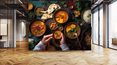 Assorted various Indian food on a dark rustic background. Generative AI. Wall mural