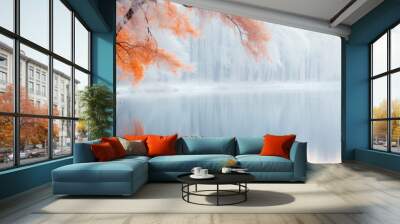 Beautiful autumn winter background, frozen lake and tree covered with snow with copy space Wall mural