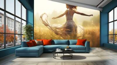 Beautiful smiling carefree woman with opened arms dancing in a meadow enjoying the freedom	 Wall mural