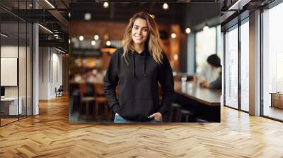 Beautiful woman wearing black sweater and jeans, at cafe. Design sweater template, print presentation mockup Wall mural