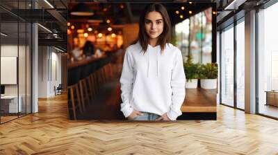 Beautiful woman wearing white sweater and jeans, at cafe. Design sweater template, print presentation mockup Wall mural