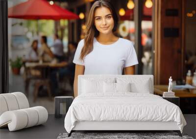 Beautiful young woman wearing bella canvas white t shirt and jeans, at cafe. Design t shirt template, print presentation mockup Wall mural