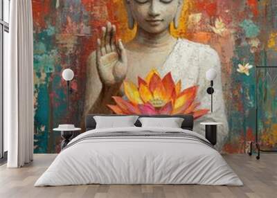 Buddha holding colorful lotus flower, oil painting Wall mural