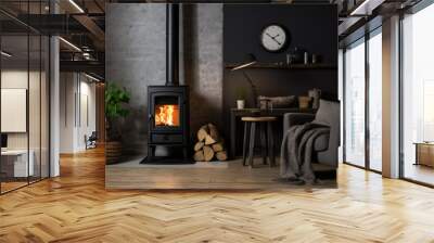 Burning wood stove in a Scandinavian style living room Wall mural