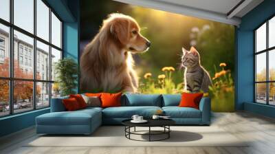 Cat and dog siting together in the yard, playing outdoor in sunny garden Wall mural