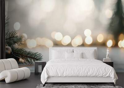 Christmas background with Christmas tree, ornaments and sparkling bokeh lights  Wall mural