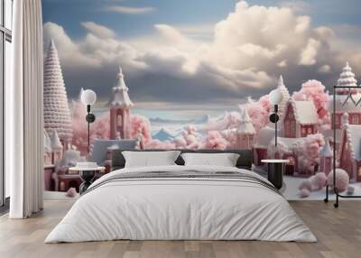 Christmas snowy background, winter landscape with gingerbread house city, candy land Wall mural