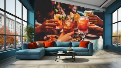 Close up of friends group cheering mojito drinks at bar restaurant. Generative AI. Wall mural