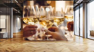 Close up of group of friends toasting with glasses of white wine at restaurant Wall mural