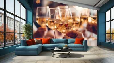 Close up of group of friends toasting with glasses of white wine at restaurant Wall mural