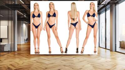 Collage of same pretty young lady in blue sparkling glitter bikini swimsuit and sandals on white background Wall mural