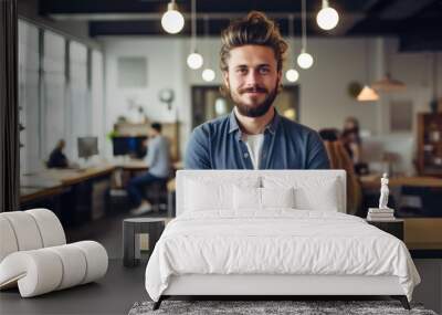 Confident and smiling handsome hipster man standing in the office Wall mural