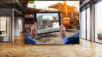 Construction worker holding tablet in hands at a construction site Wall mural