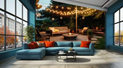 Cosy outdoor patio with a fire pit  in the backyard  Wall mural