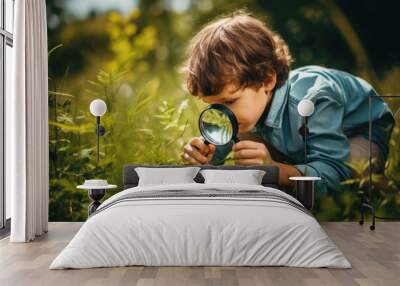 Curious child with a magnifying glass inspecting nature - Learning and education Wall mural