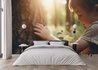 Cute litle boy touching a tree in a forest Wall mural