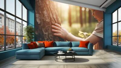 Cute litle boy touching a tree in a forest Wall mural