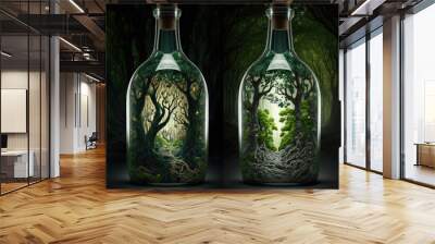 Eco Bottle Green Energy Power 3D Illustration, Lamp Saving Energy Ecology Environment, Generative AI Wall mural