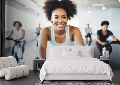 Group fitness class , featuring participants engaged in an energetic workout, such as spinning, aerobics, set against a bright, gym studio background Wall mural