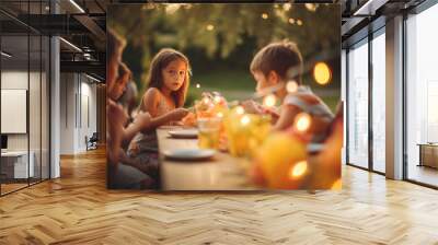 Group of a children having festive lunch outdoors Wall mural