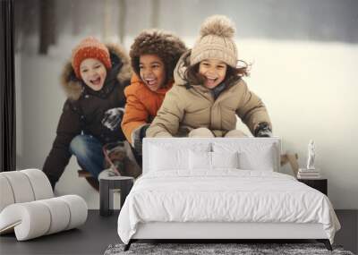 Group of diverse happy multi-ethnic children riding sledge and having fun outdoors in snow, winter time Wall mural