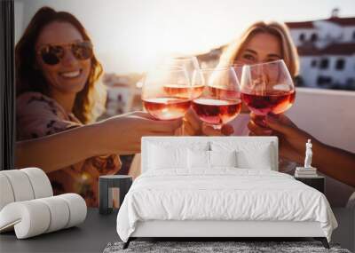 Group of happy female friends celebrating holiday clinking glasses of rose wine in Santorini Wall mural