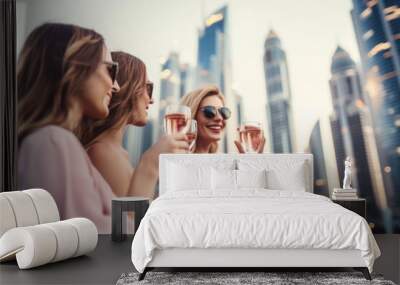 Group of happy rich and stylish woman friends clinking with glasses of wine, celebrating holiday in Dubai with skyline and skyscrapers in the background Wall mural