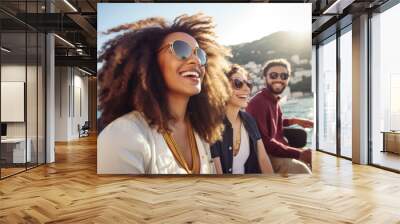 Group of mix race young people  having a party on the luxury yacht Wall mural