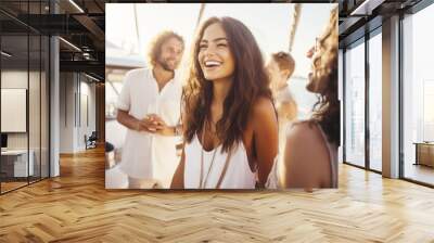 Group of mix race young people having a party on the luxury yacht Wall mural