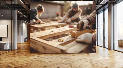 Group of young people build a structure for a wooden house together Wall mural