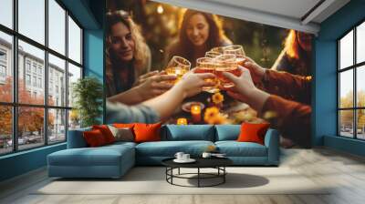 Group of young women toasting with drinks, and having good time, AI generative art Wall mural