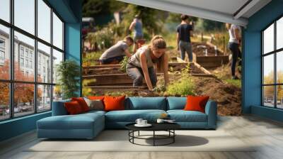 Happy farmers or gardeners working outdoors at community farm Wall mural